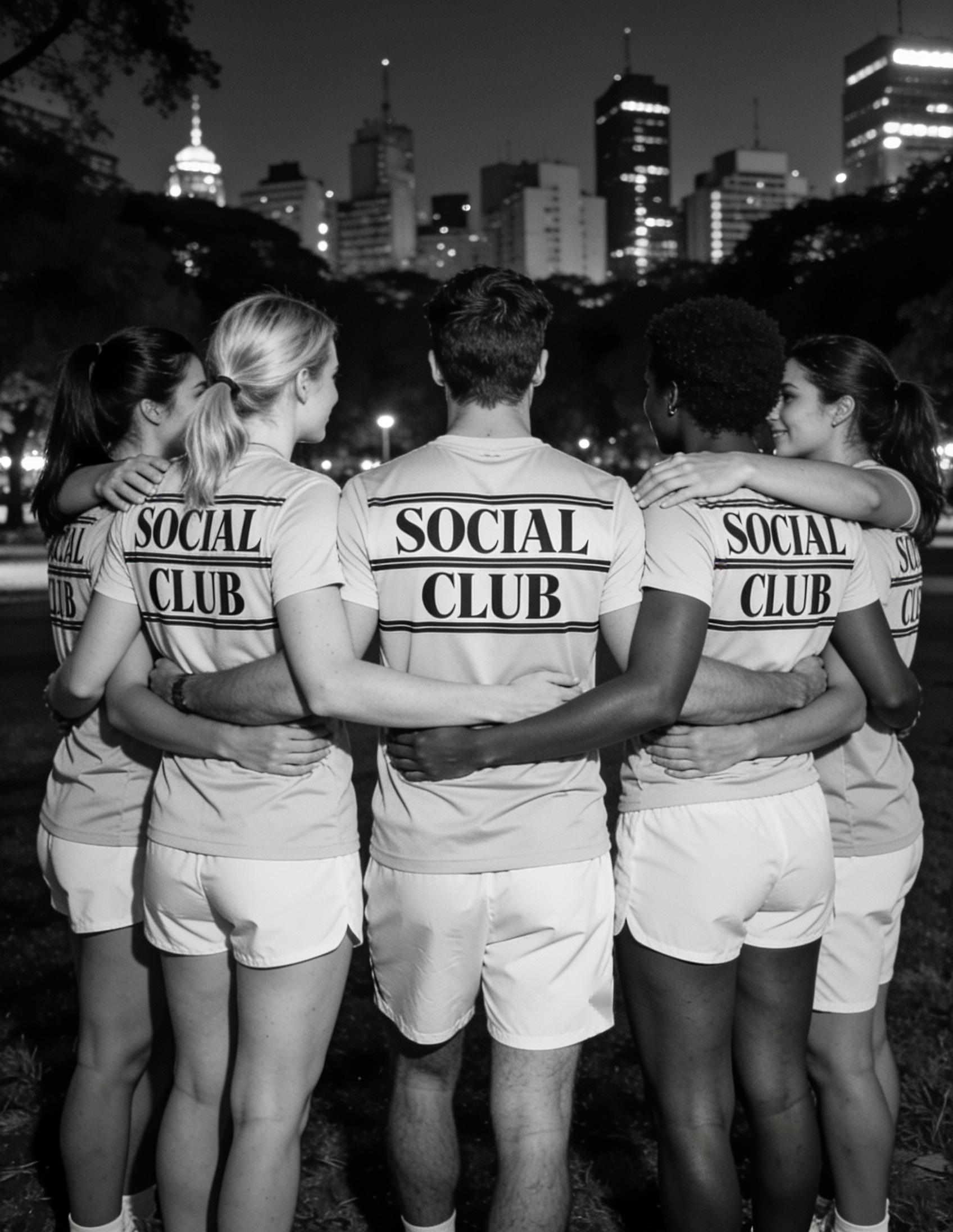 Integrantes do clube abraçados em roda, de costas, com SOCIAL CLUB nas camisetas e a cidade ao fundo