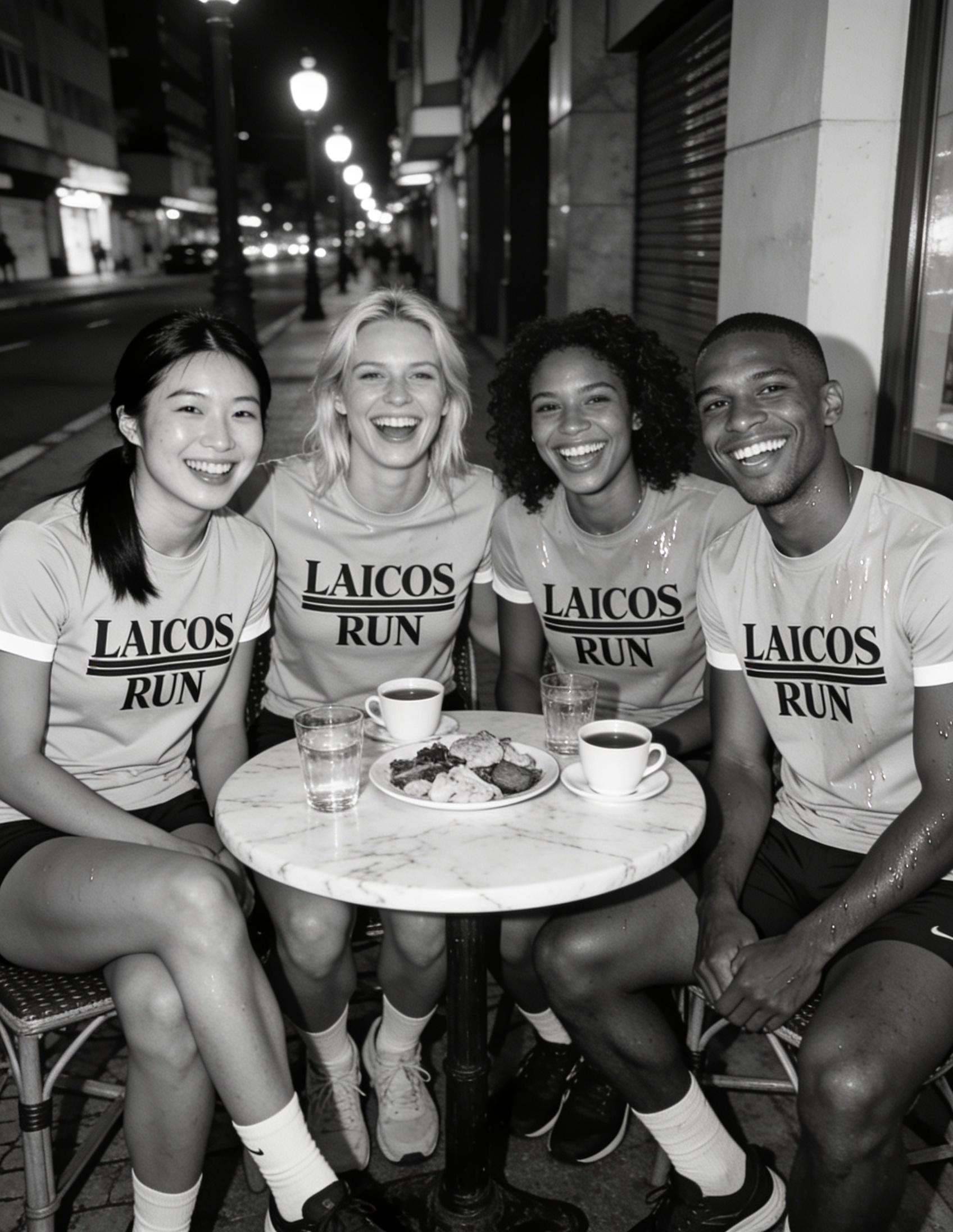 Quatro integrantes do clube de camiseta do LAICOS rindo numa mesa de calçada depois do treino, à noite